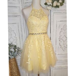 Light Yellow Lace Beaded A-line High Neck Tulle Lace Formal Dresses
